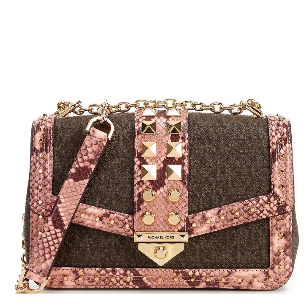 Michael Kors SoHo Large Studded Snake-Embossed Leather Logo Shoulder Bag